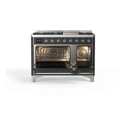 ILVE Majestic II 48 inch Triple Glass Door Natural Gas Dual Fuel Range Chrome Graphite Matte