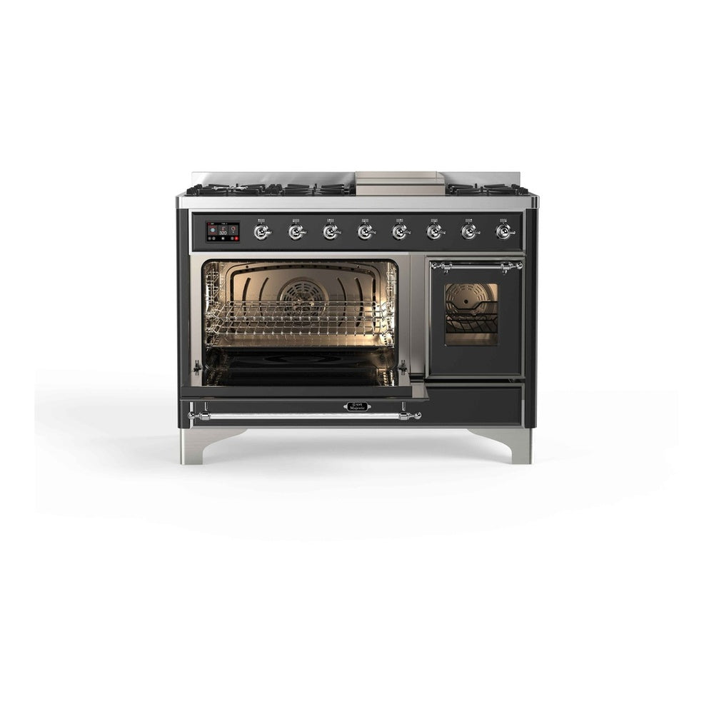 ILVE Majestic II 48 inch Triple Glass Door Natural Gas Dual Fuel Range Chrome Graphite Matte
