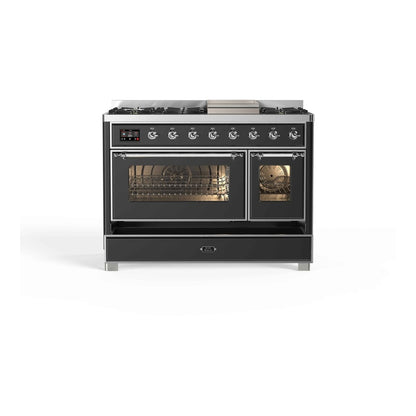 ILVE Majestic II 48 inch Triple Glass Door Natural Gas Dual Fuel Range Chrome Graphite Matte