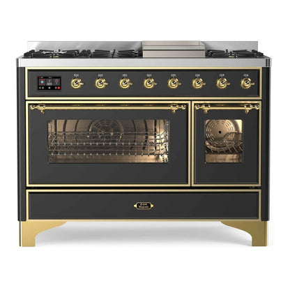 ILVE Majestic II 48" Graphite Matte Dual Fuel Range with 8 Burners and Griddle Triple Glass Door Liquid Propane