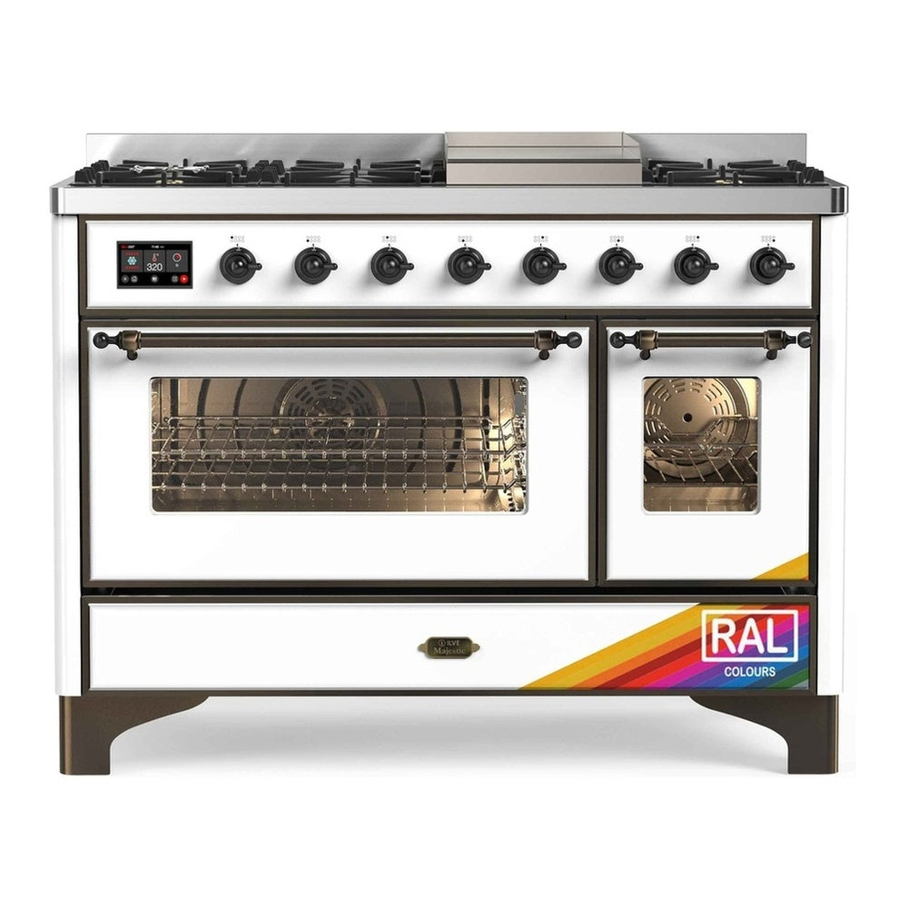 ILVE Majestic II 48" RAL Dual Fuel Range with 8 Burners and Griddle Triple Glass Door Natural Gas