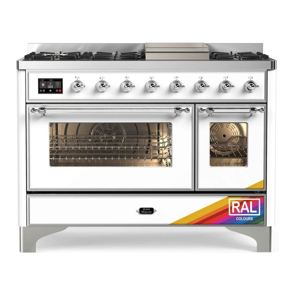 ILVE Majestic II 48" RAL Dual Fuel Range with 8 Burners and Griddle Triple Glass Door Natural Gas