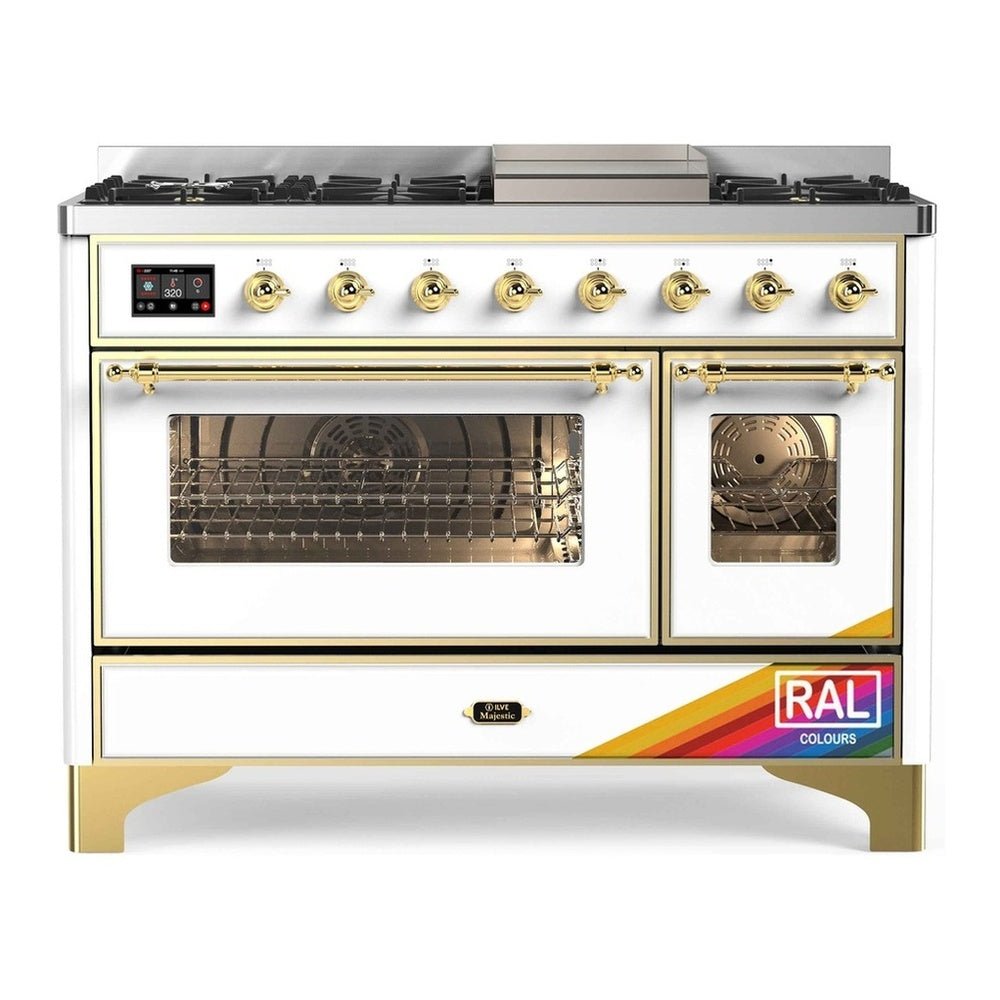 ILVE Majestic II 48" RAL Dual Fuel Range with 8 Burners and Griddle Triple Glass Door Natural Gas