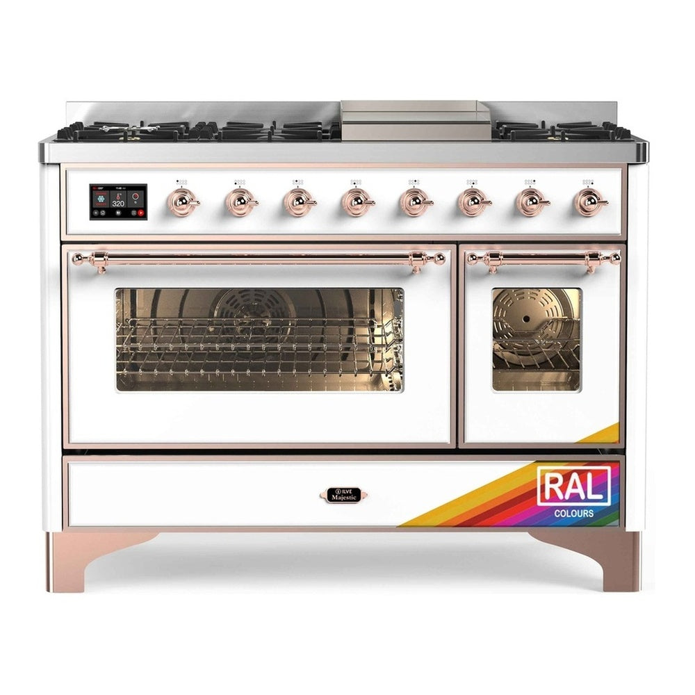 ILVE Majestic II 48" RAL Dual Fuel Range with 8 Burners and Griddle Triple Glass Door Natural Gas
