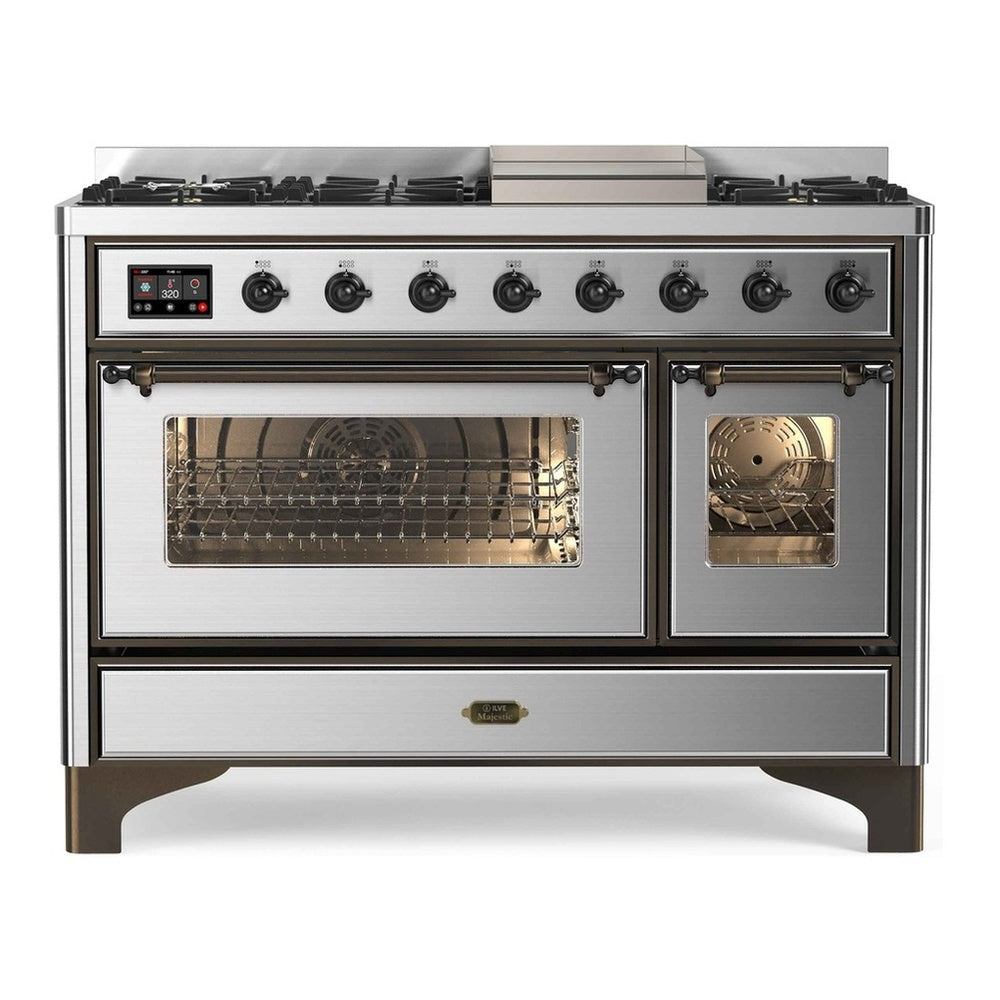 ILVE Majestic II 48" Stainless Steel Dual Fuel Range with 8 Burners and Griddle Triple Glass Door Natural Gas