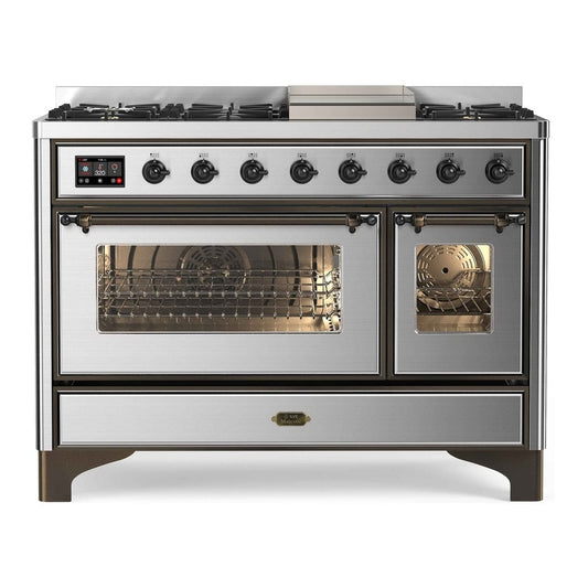 ILVE Majestic II 48" Stainless Steel Dual Fuel Range with 8 Burners and Griddle Triple Glass Door Natural Gas