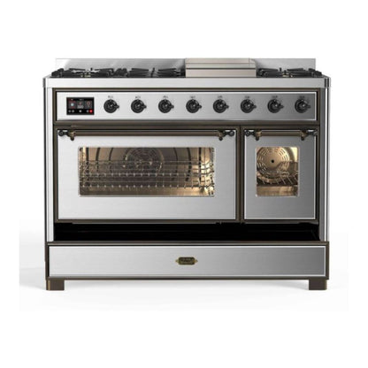 ILVE Majestic II 48 inch Triple Glass Door Natural Gas Dual Fuel Range Burnished Stainless Steel