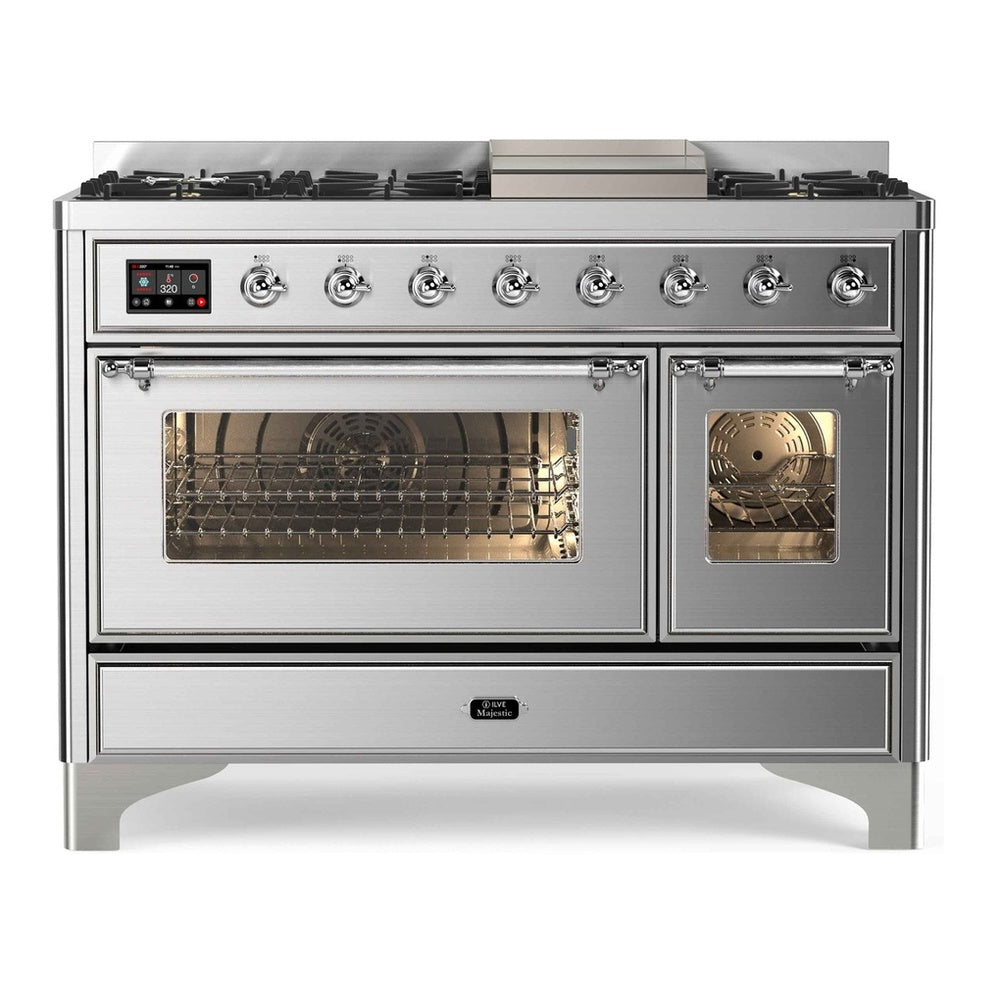 ILVE Majestic II 48" Stainless Steel Dual Fuel Range with 8 Burners and Griddle Triple Glass Door Natural Gas