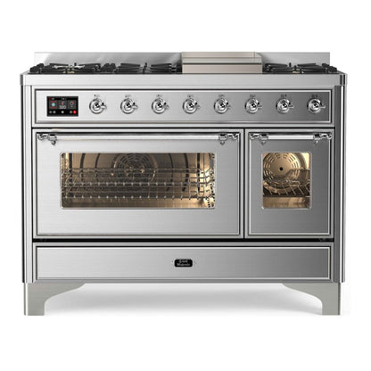 ILVE Majestic II 48 inch Triple Glass Door Natural Gas Dual Fuel Range Chrome Stainless Steel