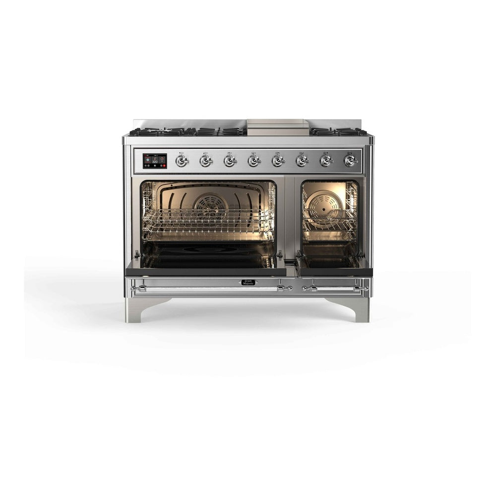 ILVE Majestic II 48 inch Triple Glass Door Natural Gas Dual Fuel Range Chrome Stainless Steel