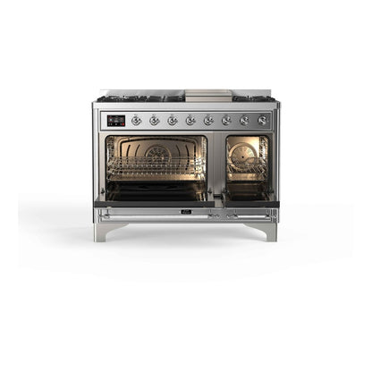 ILVE Majestic II 48 inch Triple Glass Door Natural Gas Dual Fuel Range Chrome Stainless Steel