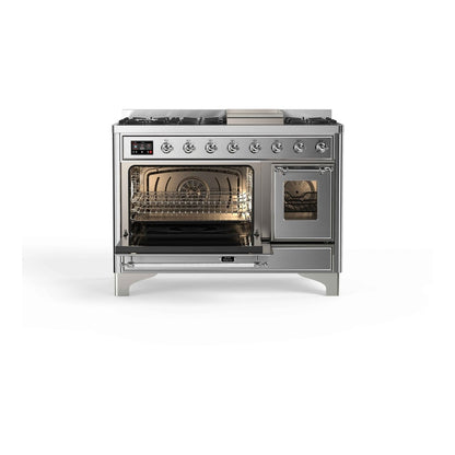 ILVE Majestic II 48 inch Triple Glass Door Natural Gas Dual Fuel Range Chrome Stainless Steel