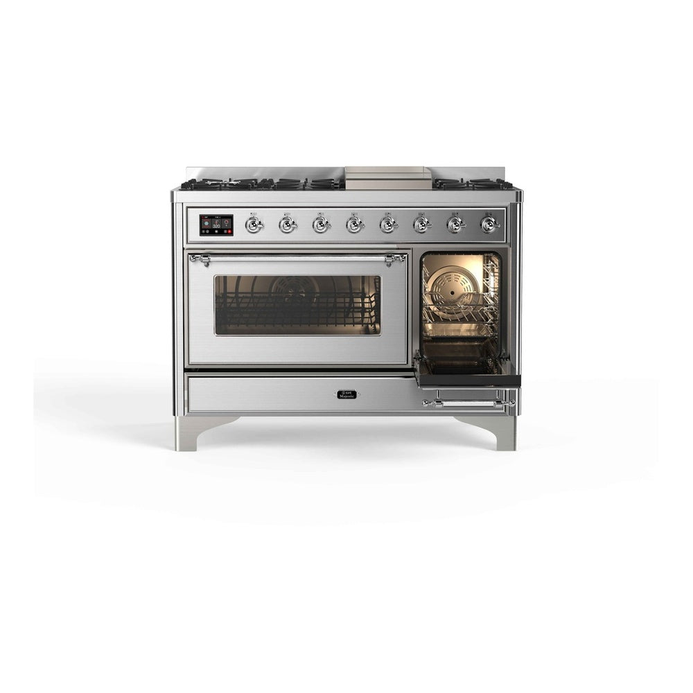 ILVE Majestic II 48 inch Triple Glass Door Natural Gas Dual Fuel Range Chrome Stainless Steel