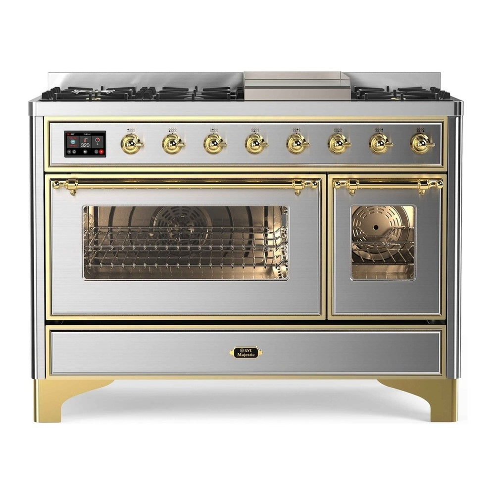 ILVE Majestic II 48" Stainless Steel Dual Fuel Range with 8 Burners and Griddle Triple Glass Door Natural Gas
