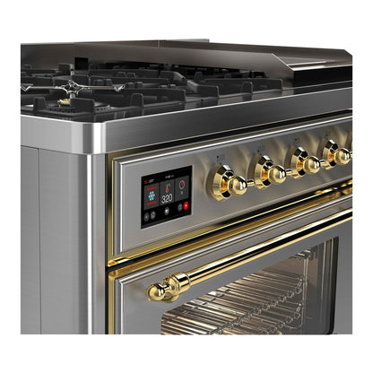 ILVE Majestic II 48 inch Triple Glass Door Natural Gas Dual Fuel Range Brass Stainless Steel