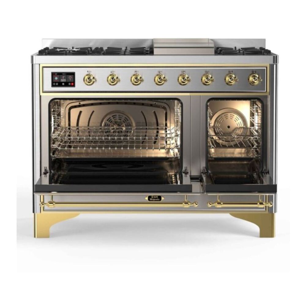 ILVE Majestic II 48 inch Triple Glass Door Natural Gas Dual Fuel Range Brass Stainless Steel
