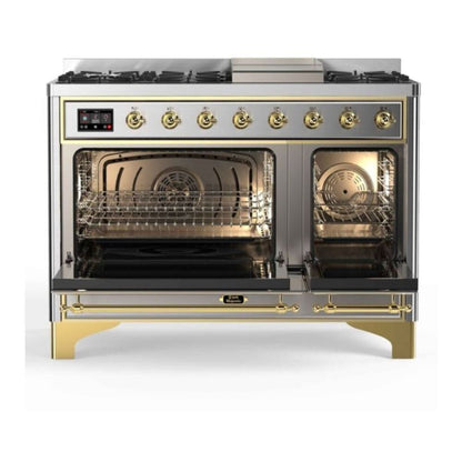 ILVE Majestic II 48 inch Triple Glass Door Natural Gas Dual Fuel Range Brass Stainless Steel