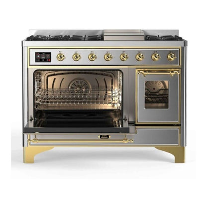 ILVE Majestic II 48 inch Triple Glass Door Natural Gas Dual Fuel Range Brass Stainless Steel