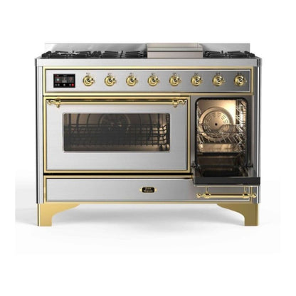 ILVE Majestic II 48 inch Triple Glass Door Natural Gas Dual Fuel Range Brass Stainless Steel
