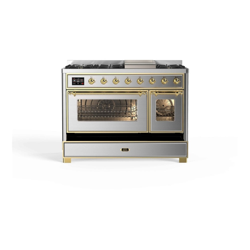 ILVE Majestic II 48 inch Triple Glass Door Natural Gas Dual Fuel Range Brass Stainless Steel