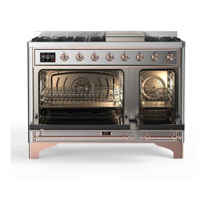 ILVE Majestic II 48 inch Triple Glass Door Natural Gas Dual Fuel Range Copper Stainless Steel