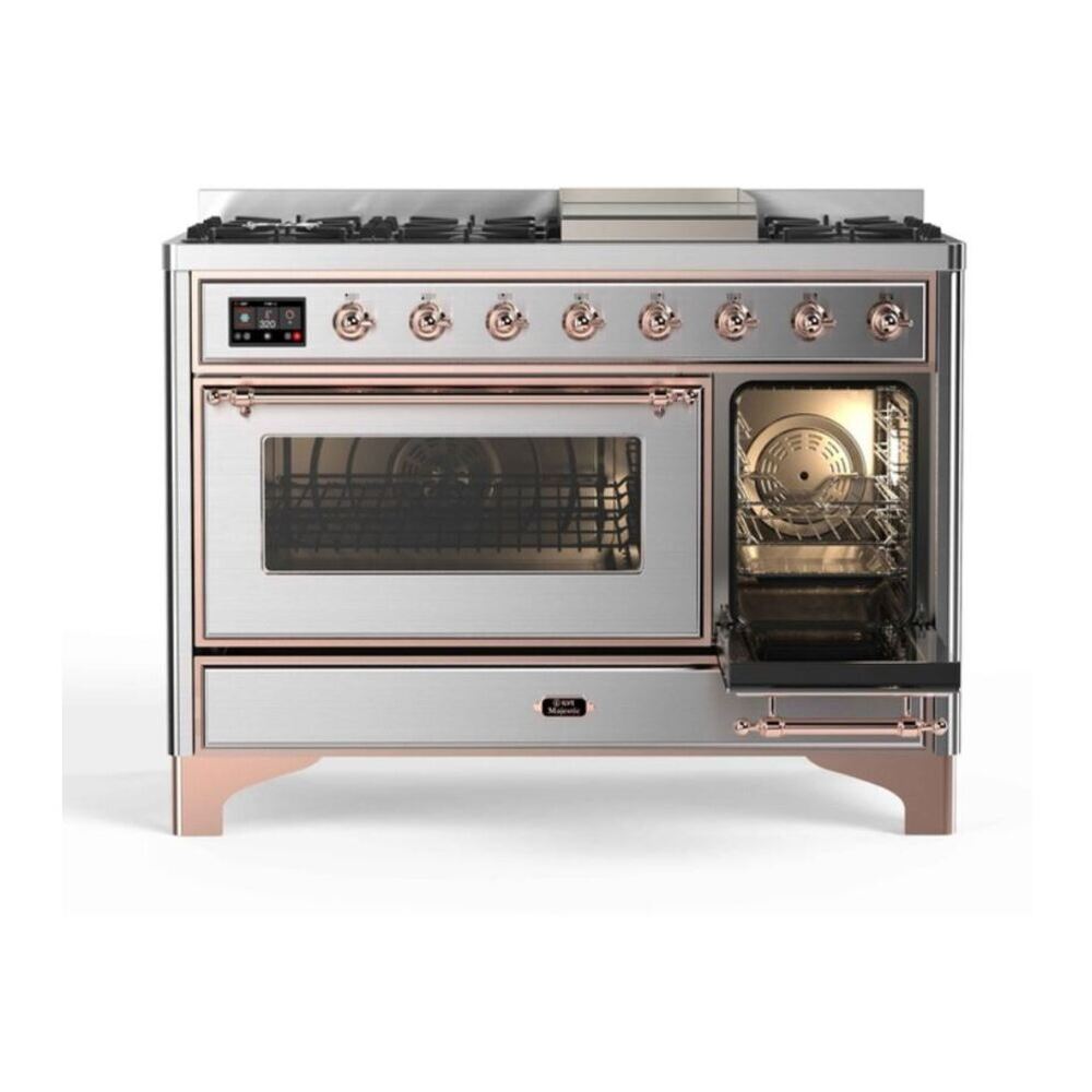 ILVE Majestic II 48 inch Triple Glass Door Natural Gas Dual Fuel Range Copper Stainless Steel