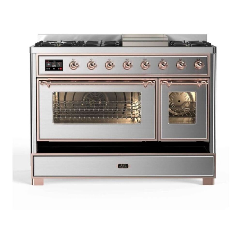 ILVE Majestic II 48 inch Triple Glass Door Natural Gas Dual Fuel Range Copper Stainless Steel
