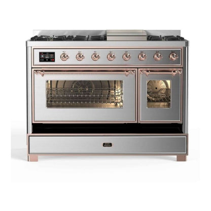 ILVE Majestic II 48 inch Triple Glass Door Natural Gas Dual Fuel Range Copper Stainless Steel