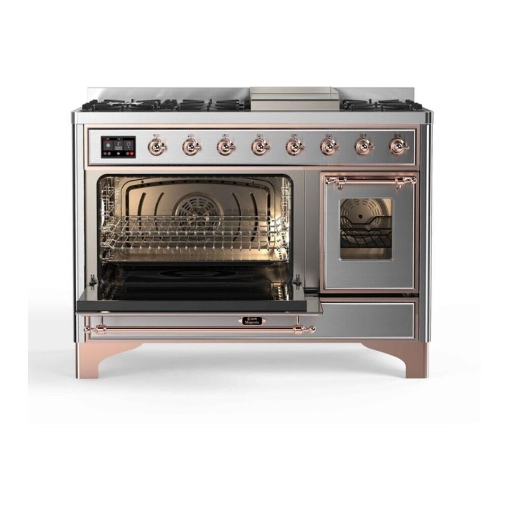 ILVE Majestic II 48 inch Triple Glass Door Natural Gas Dual Fuel Range Copper Stainless Steel