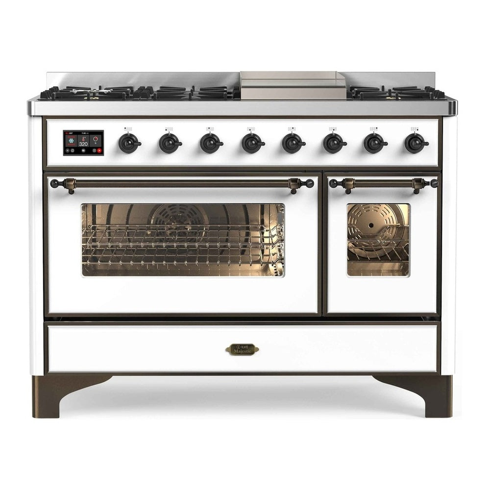 ILVE Majestic II 48" White Dual Fuel Range with 8 Burners and Griddle Triple Glass Door Natural Gas