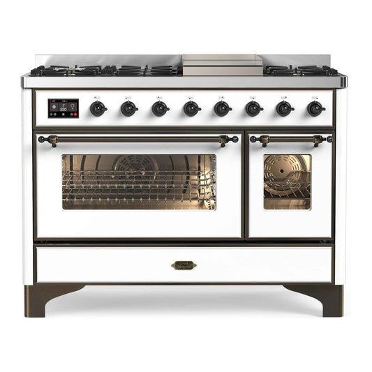 ILVE Majestic II 48" White Dual Fuel Range with 8 Burners and Griddle Triple Glass Door Natural Gas