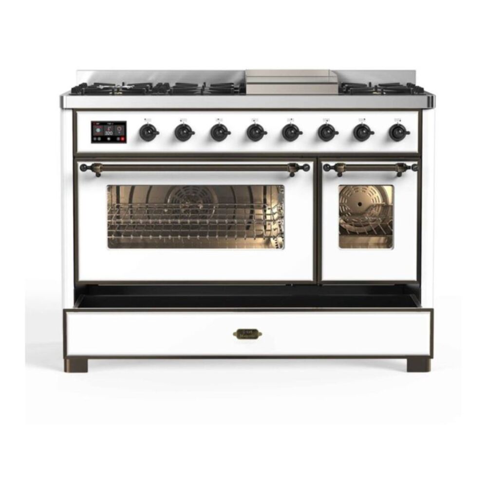 ILVE Majestic II 48 inch Triple Glass Door Natural Gas Dual Fuel Range Burnished White