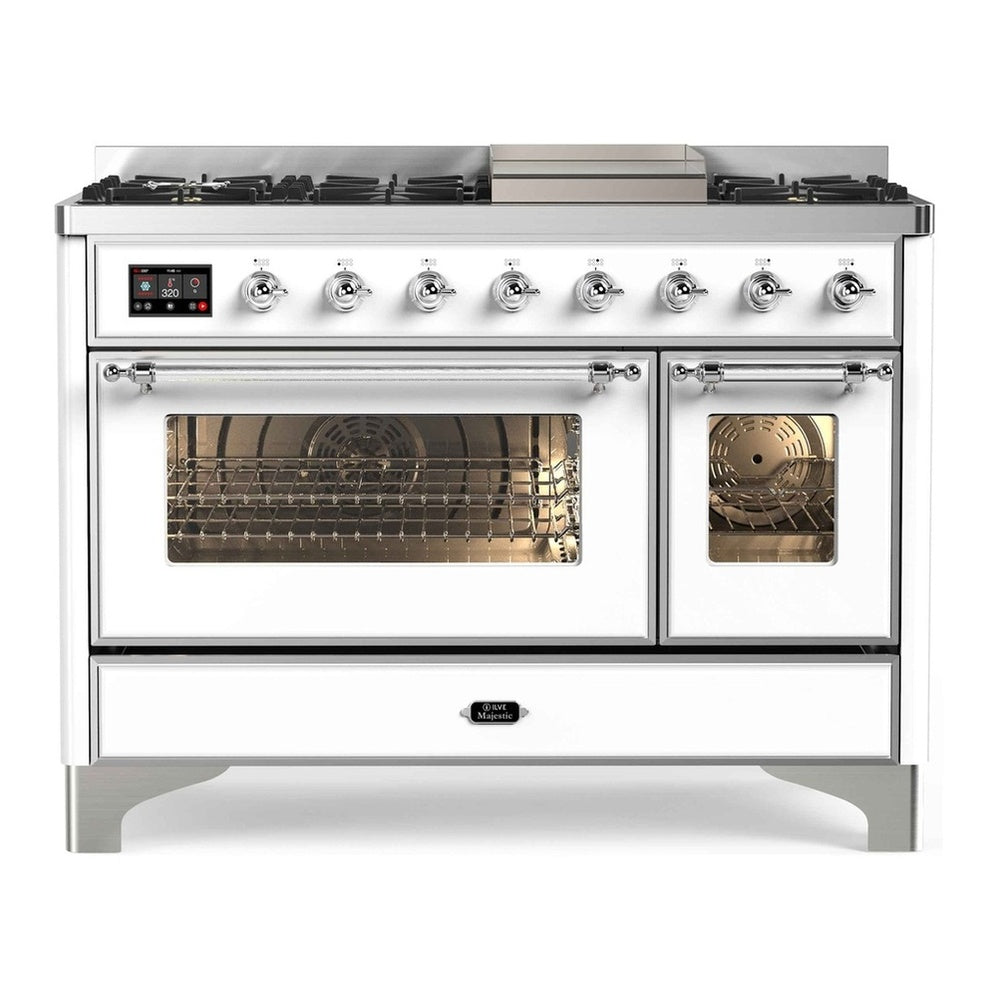 ILVE Majestic II 48" White Dual Fuel Range with 8 Burners and Griddle Triple Glass Door Natural Gas