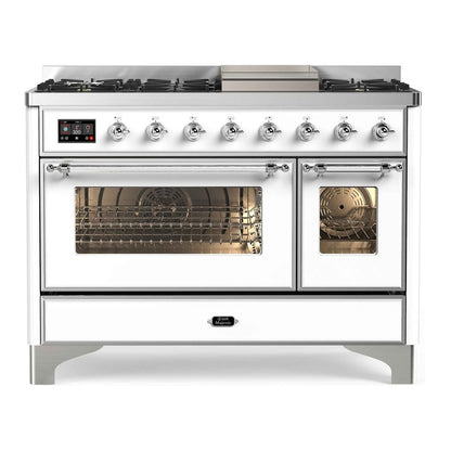 ILVE Majestic II 48 inch Triple Glass Door Natural Gas Dual Fuel Range Chrome White