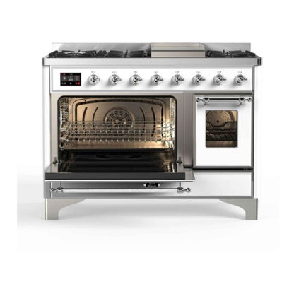 ILVE Majestic II 48 inch Triple Glass Door Natural Gas Dual Fuel Range Chrome White
