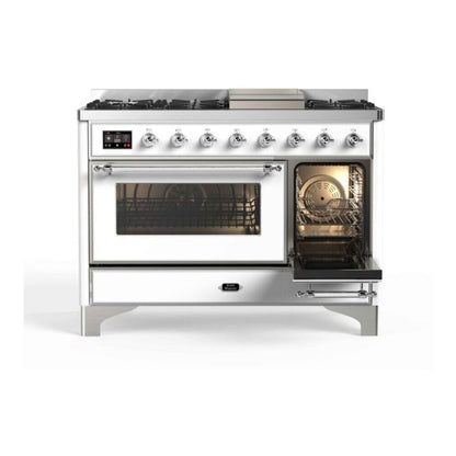 ILVE Majestic II 48 inch Triple Glass Door Natural Gas Dual Fuel Range Chrome White