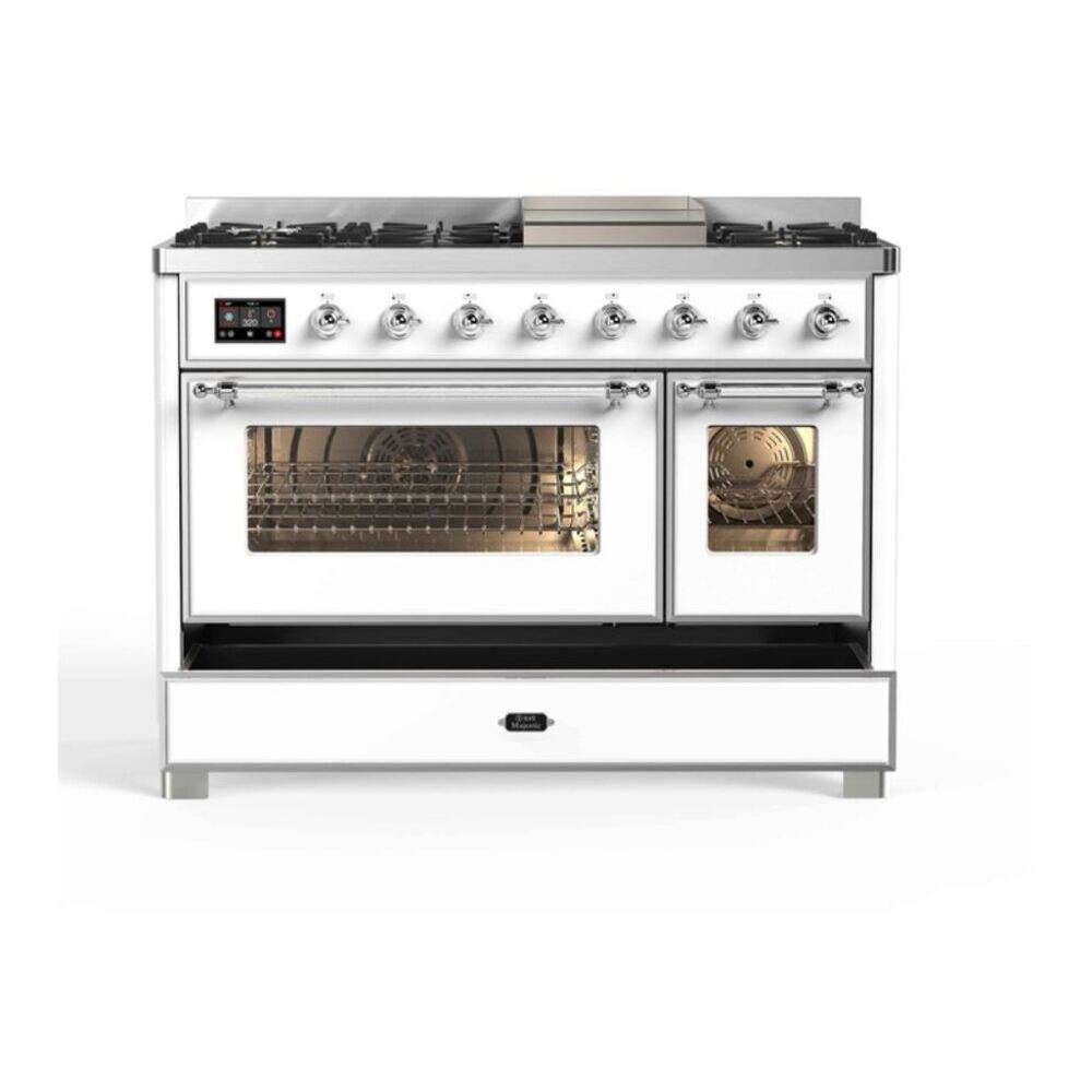 ILVE Majestic II 48 inch Triple Glass Door Natural Gas Dual Fuel Range Chrome White