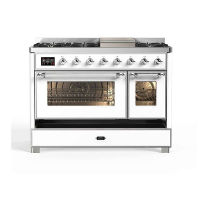 ILVE Majestic II 48 inch Triple Glass Door Natural Gas Dual Fuel Range Chrome White