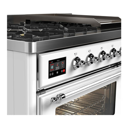 ILVE Majestic II 48 inch Triple Glass Door Natural Gas Dual Fuel Range Chrome White