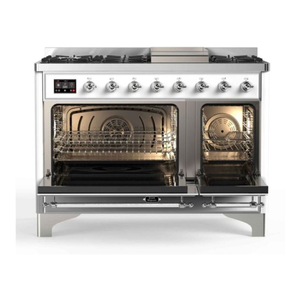 ILVE Majestic II 48 inch Triple Glass Door Natural Gas Dual Fuel Range Chrome White