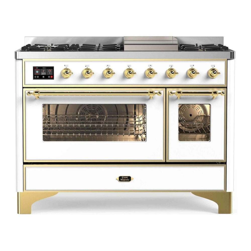ILVE Majestic II 48" White Dual Fuel Range with 8 Burners and Griddle Triple Glass Door Natural Gas