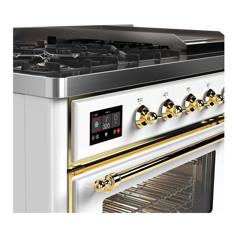 ILVE Majestic II 48 inch Triple Glass Door Natural Gas Dual Fuel Range Brass White