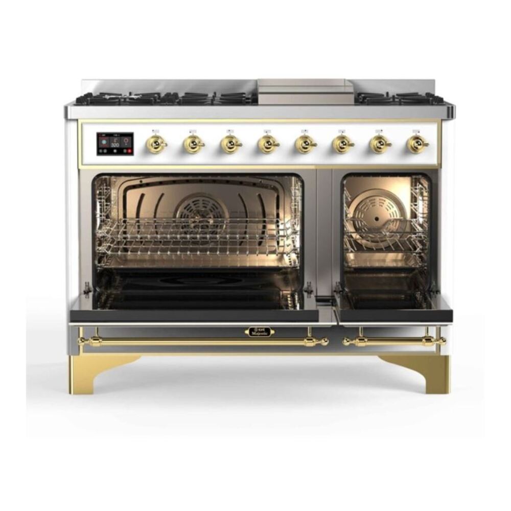 ILVE Majestic II 48 inch Triple Glass Door Natural Gas Dual Fuel Range Brass White