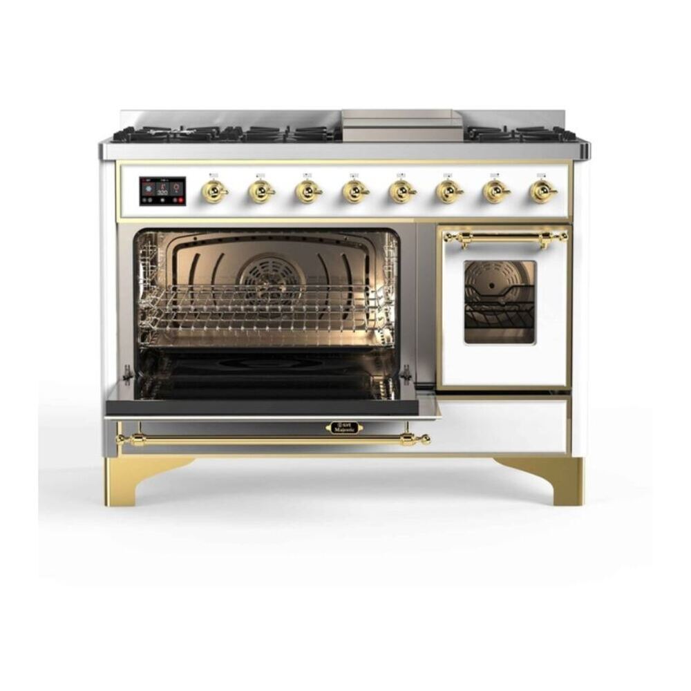 ILVE Majestic II 48 inch Triple Glass Door Natural Gas Dual Fuel Range Brass White
