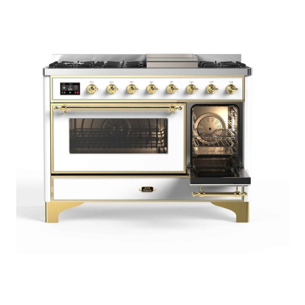 ILVE Majestic II 48 inch Triple Glass Door Natural Gas Dual Fuel Range Brass White