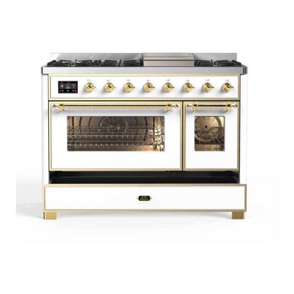 ILVE Majestic II 48 inch Triple Glass Door Natural Gas Dual Fuel Range Brass White