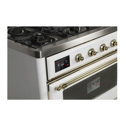 ILVE Majestic II 48 inch Triple Glass Door Natural Gas Dual Fuel Range Brass White