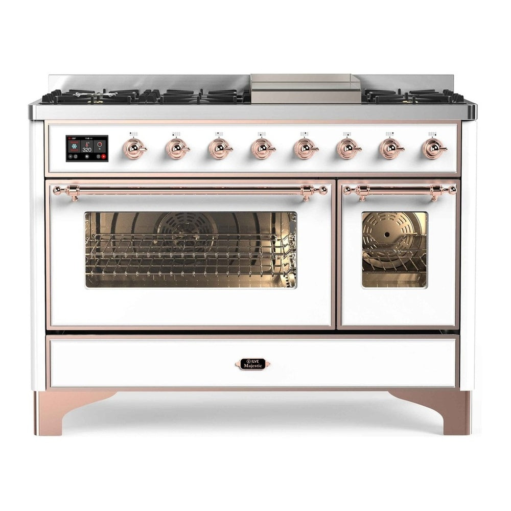 ILVE Majestic II 48" White Dual Fuel Range with 8 Burners and Griddle Triple Glass Door Natural Gas