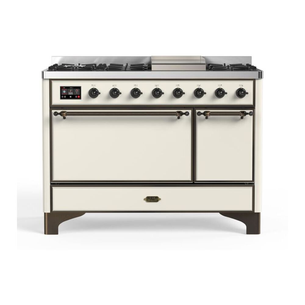 ILVE Majestic II 48" Antique White Dual Fuel Range with 8 Burners and Griddle Solid Door Natural Gas