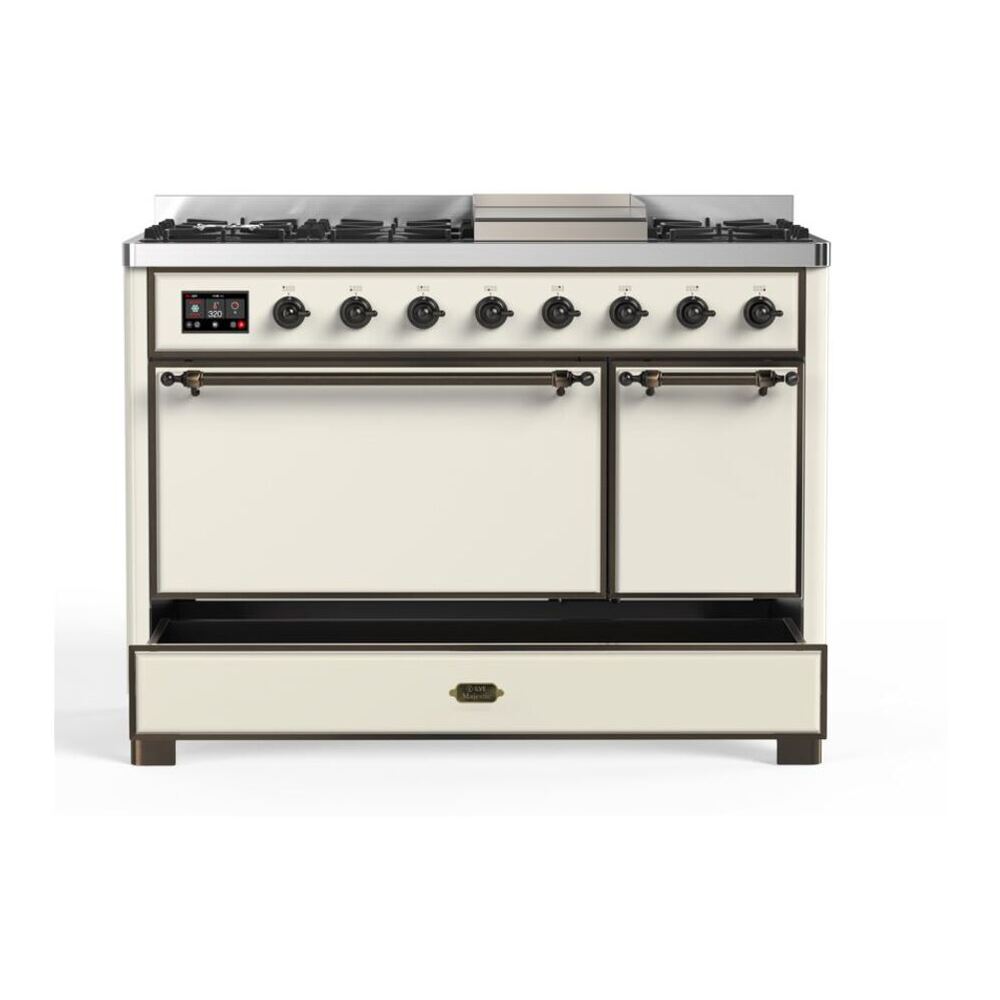 ILVE Majestic II 48 inch Solid Door Natural Gas Dual Fuel Range Burnished Antique White